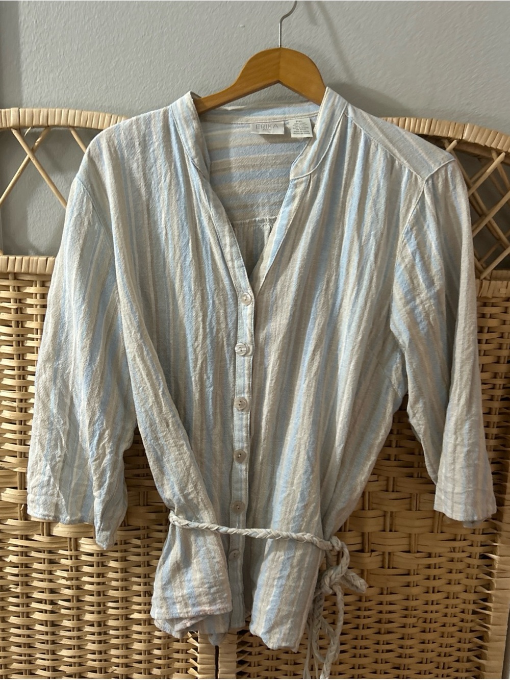 Erika Ladies Linen Cotton Belted Stripe 3/4 Sleeve Shirt Size XL Petite